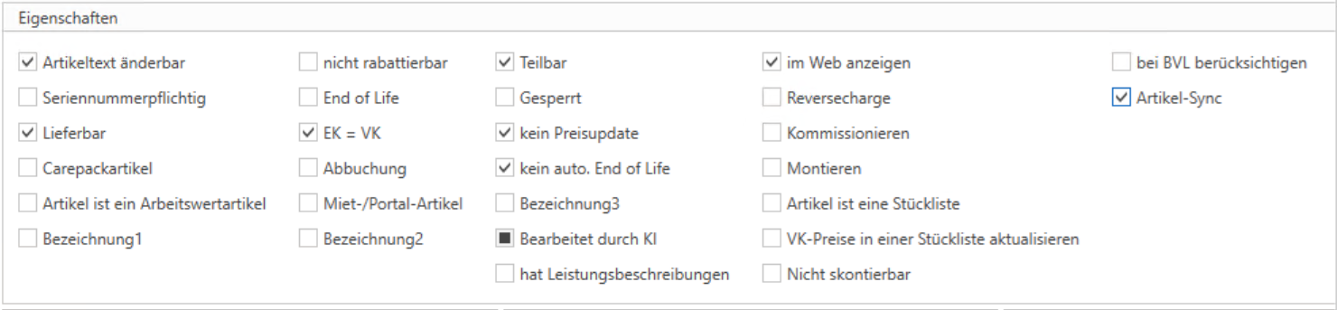 Eigenschaften Sektion mit aktivierter Checkbox "Artikel-Sync"